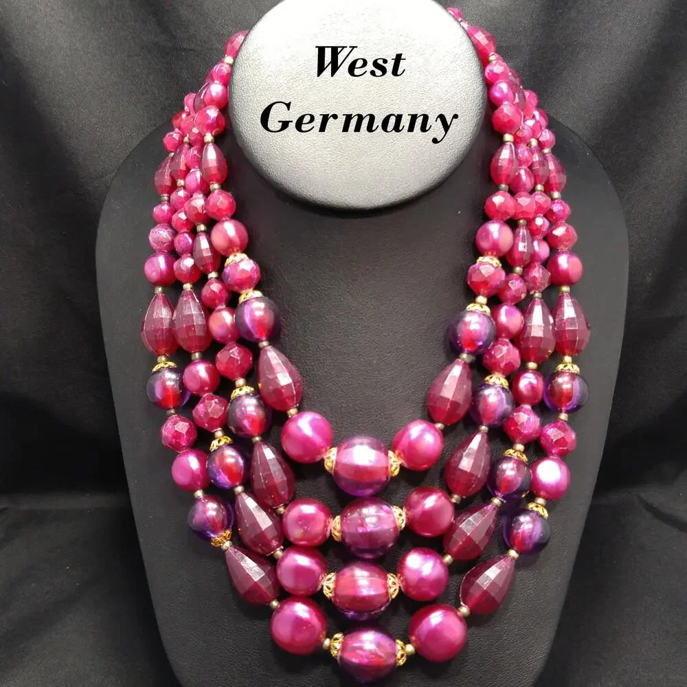 West Germany Thermoset Red Beaded Necklace 4 Strand 1950s Vintage Jewelry